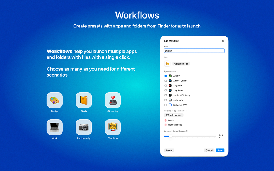 LaunchMe Workflows — automation to launch apps and files