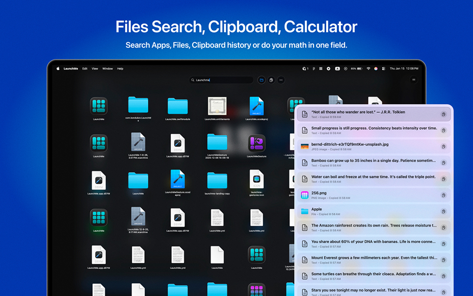 LaunchMe search: Files, Clipboard, Calculator in one field