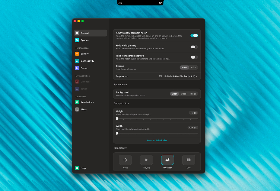 LaunchMe compact Notch showing weather, music, battery, and Focus mode