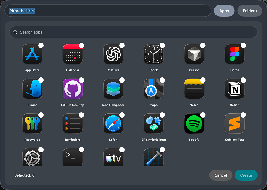 Selecting apps while creating a folder
