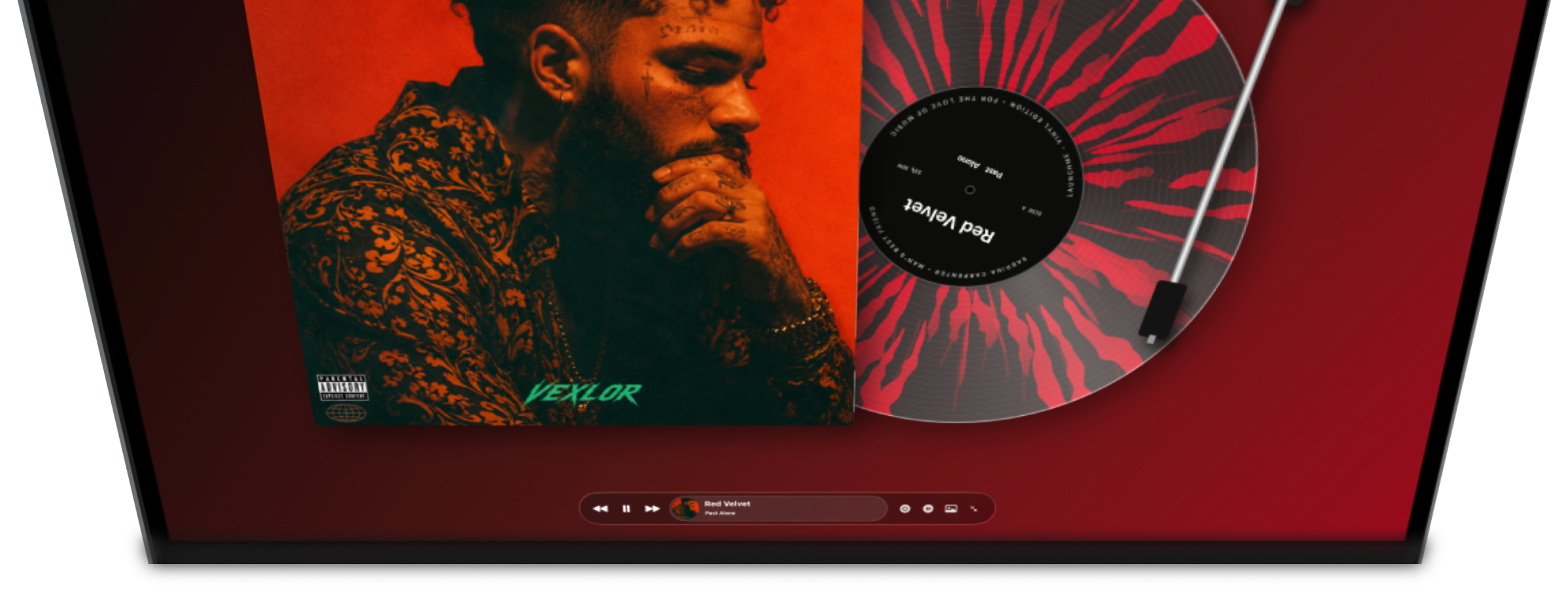LaunchMe music player with animated album artwork and a vinyl record