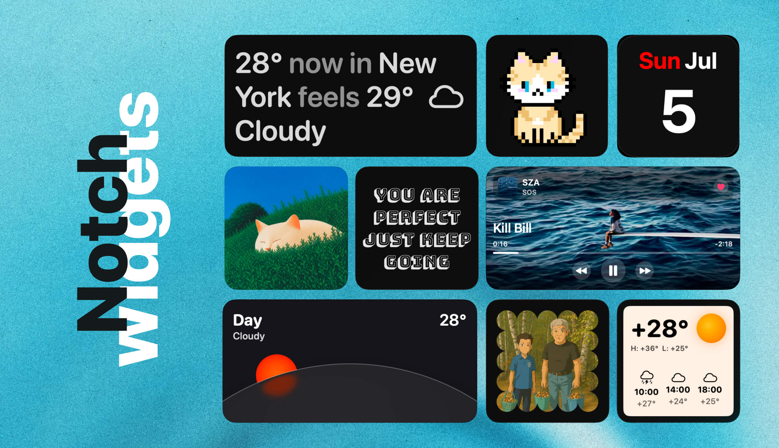 LaunchMe Notch widgets: Music, Weather, Calendar, GIF, Photo, Affirmation, and Animations