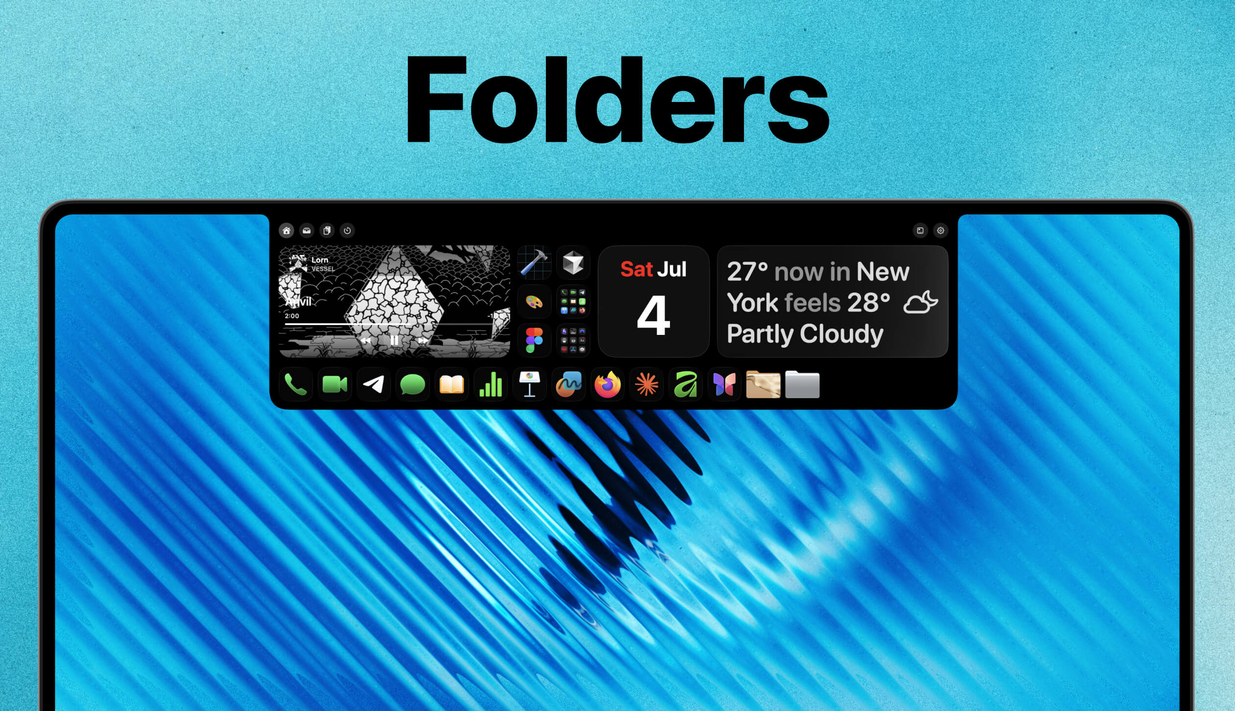 LaunchMe Notch Apps widget with folders, apps, and workflows from the main grid