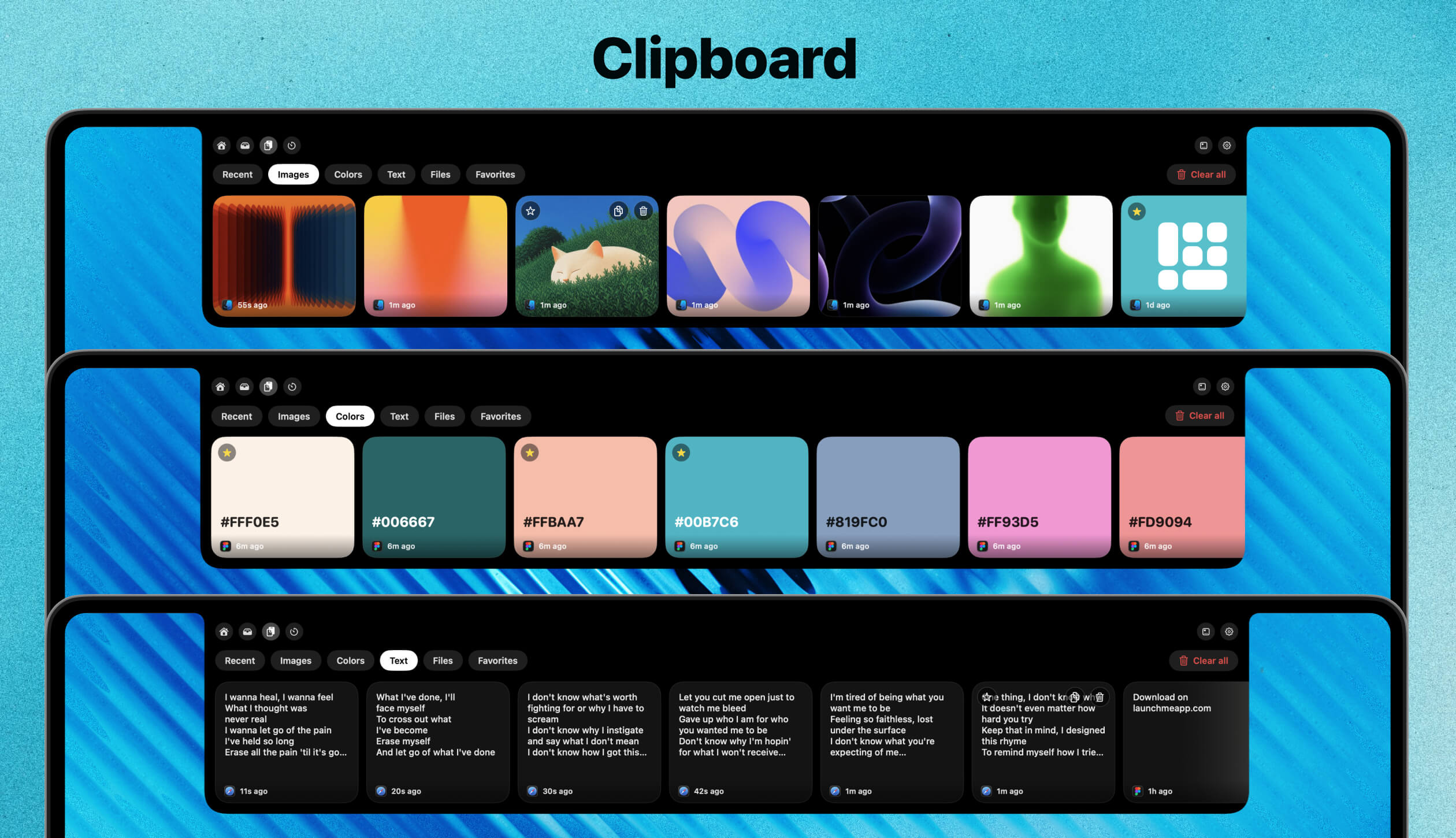LaunchMe Notch Clipboard with preview cards and categories for copied items