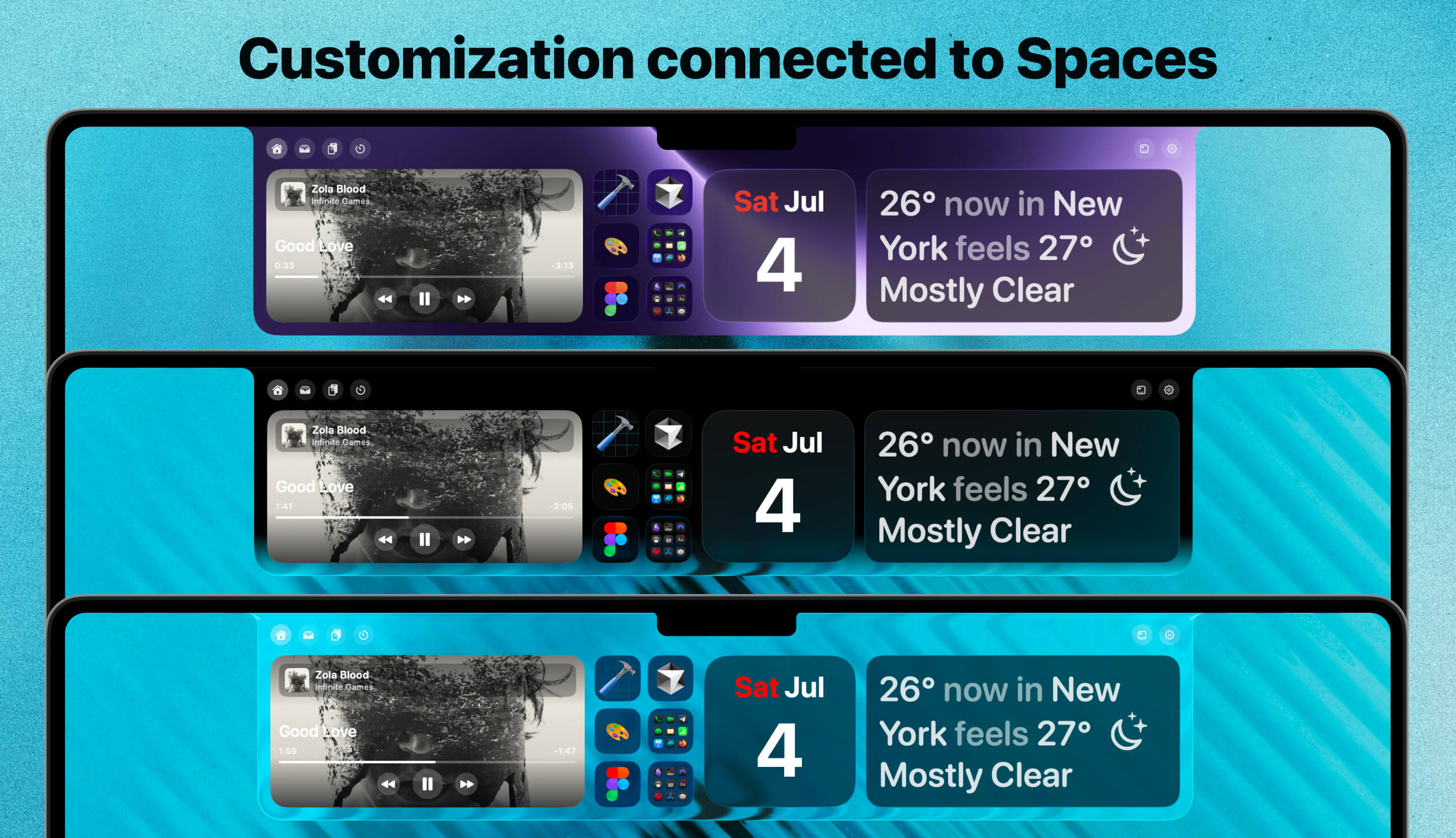 LaunchMe Notch background customization: Black, Liquid Glass, and custom image per Space