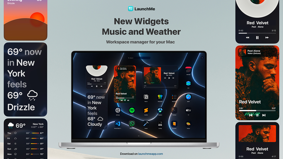 LaunchMe update 1.118: new Music and Weather widgets and Liquid Glass customization for Mac