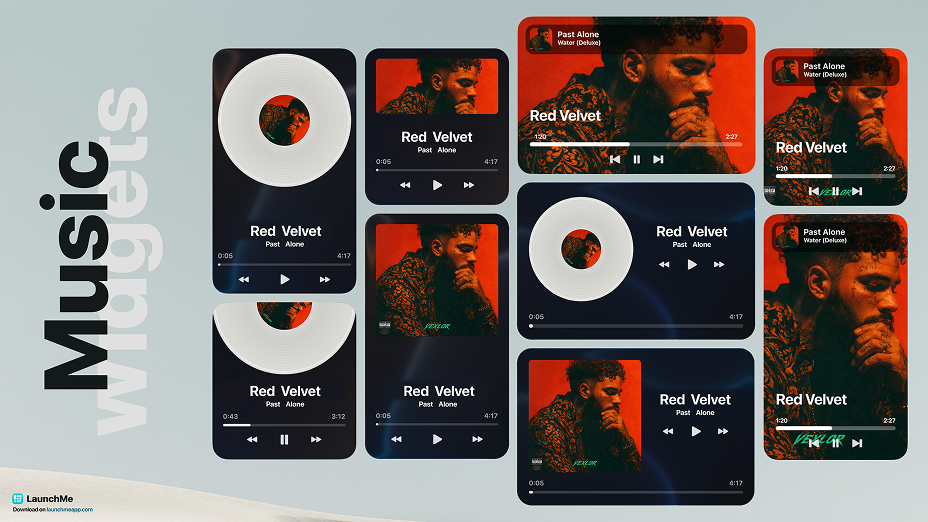 LaunchMe Music Widget in Minimal, Full Cover, and Vinyl styles