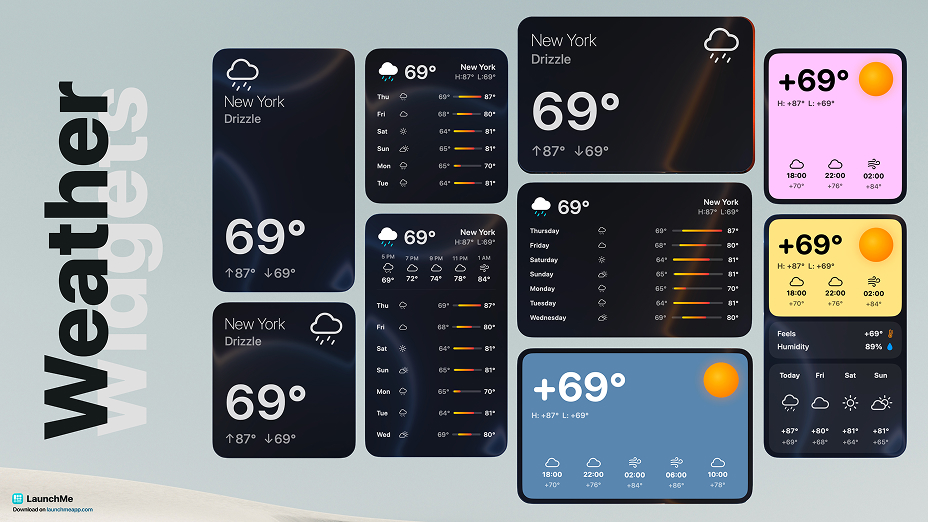 LaunchMe Weather Widget styles and sizes on the app grid