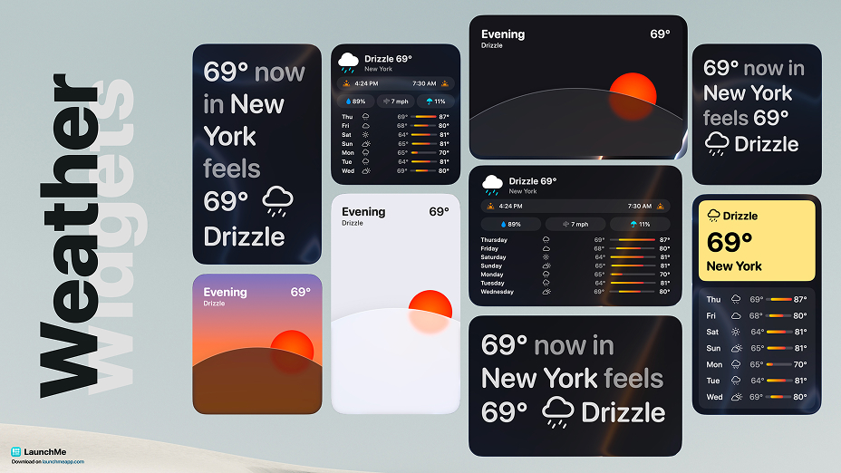 LaunchMe Weather Widget styles: Minimal, Compact, Forecast, Panel, Almanac, Horizon, Bold, Story